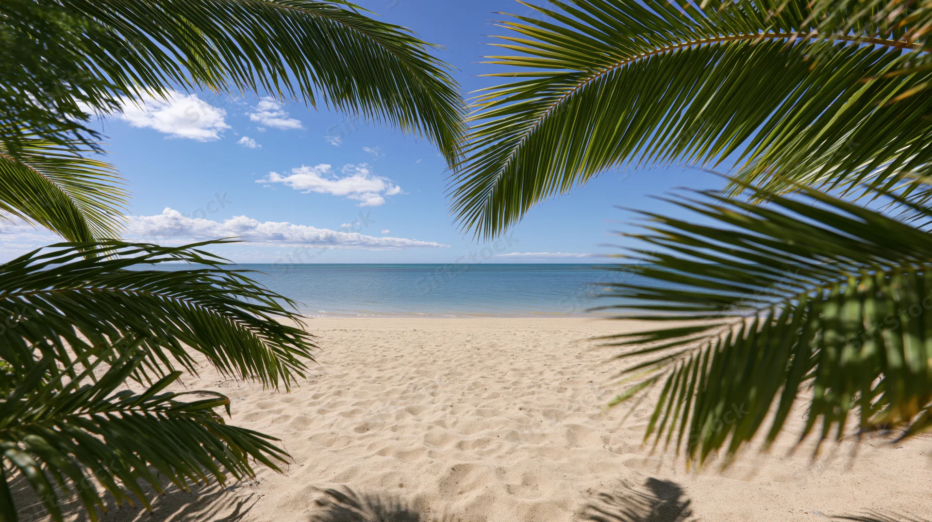 Palm fronds framing a sandy beach with calm ocean under blue sky