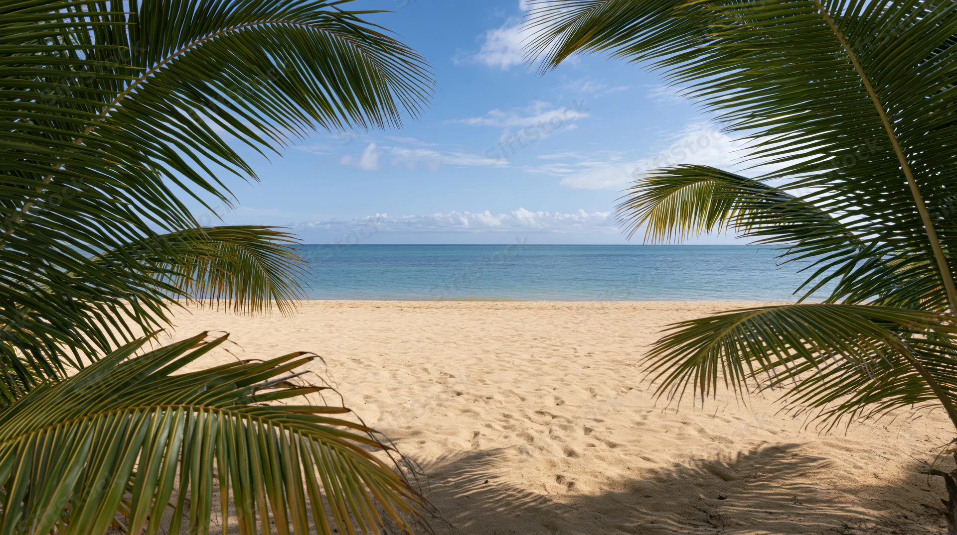 Palm fronds framing a sandy beach with calm ocean under blue sky