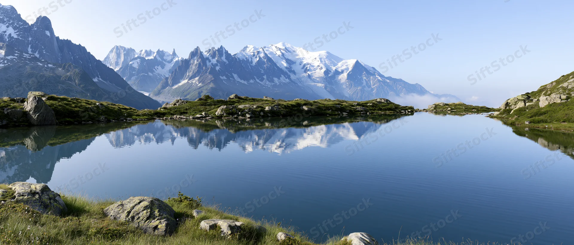 Snow-capped mountains reflected in a calm alpine lake surrounded by rocky grassy shores