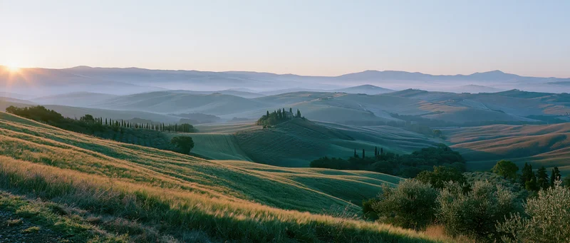 Rolling hills covered in grass and trees under sunrise light in a rural valley