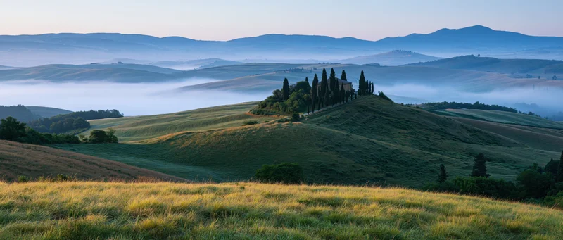 A church on a hill surrounded by cypress trees in a misty tuscan countryside at sunrise