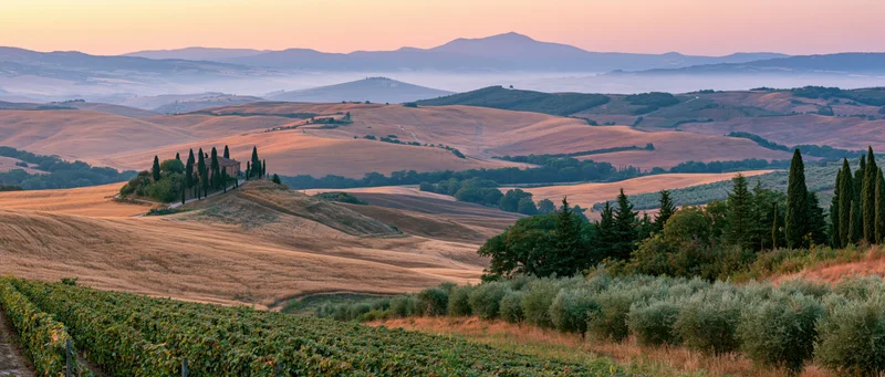 Rolling hills with vineyards and cypress trees at sunset in tuscany