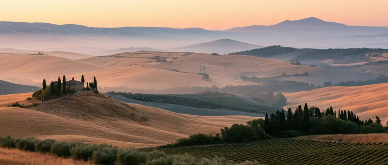 Rolling golden hills with cypress trees and a stone chapel at sunset in tuscany