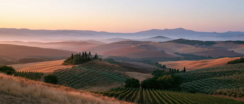 Rolling hills with vineyards and cypress trees at sunset in tuscany