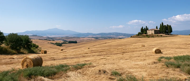 Golden fields with hay bales and a farmhouse on a hill under a blue sky in tuscany