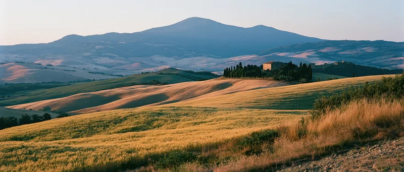 Golden wheat fields rolling across Tuscan hills with a villa and cypress trees at sunset