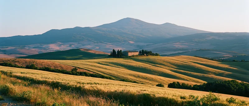Golden wheat fields rolling toward a distant mountain with a farmhouse on a hill in tuscany at sunset