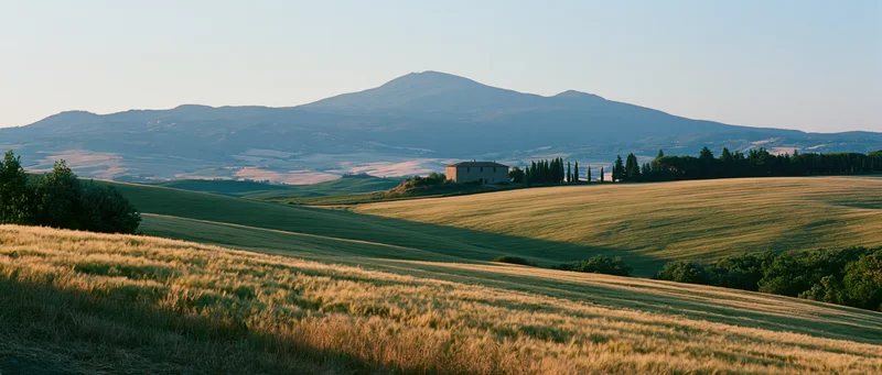 Rolling golden fields and green hills with a farmhouse and cypress trees in tuscany