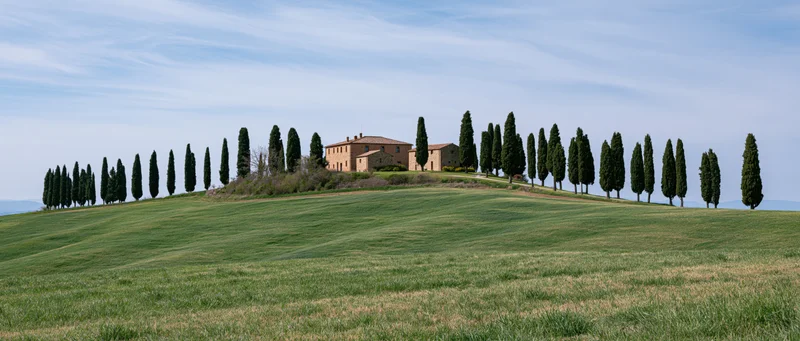 Tuscan villa on a grassy hill surrounded by cypress trees under a blue sky