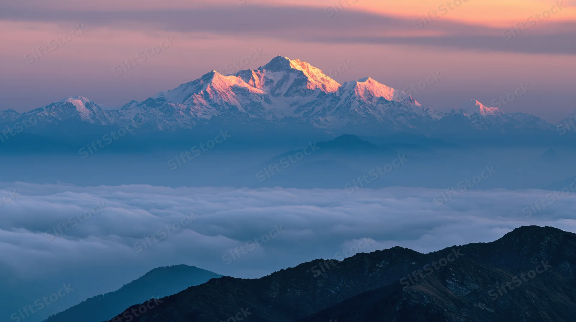 Snow-capped mountain peaks rising above a sea of clouds at sunrise