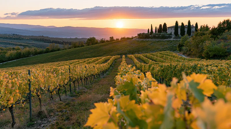 Rows of grapevines in a Tuscan vineyard at sunset with cypress trees and a farmhouse on a hill