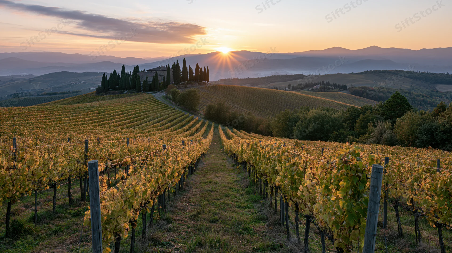 Rows of grapevines stretching across rolling hills at sunset in a Tuscan countryside vineyard
