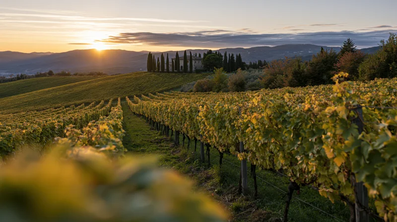Rows of grapevines stretching across rolling hills at sunset in a Tuscan countryside landscape