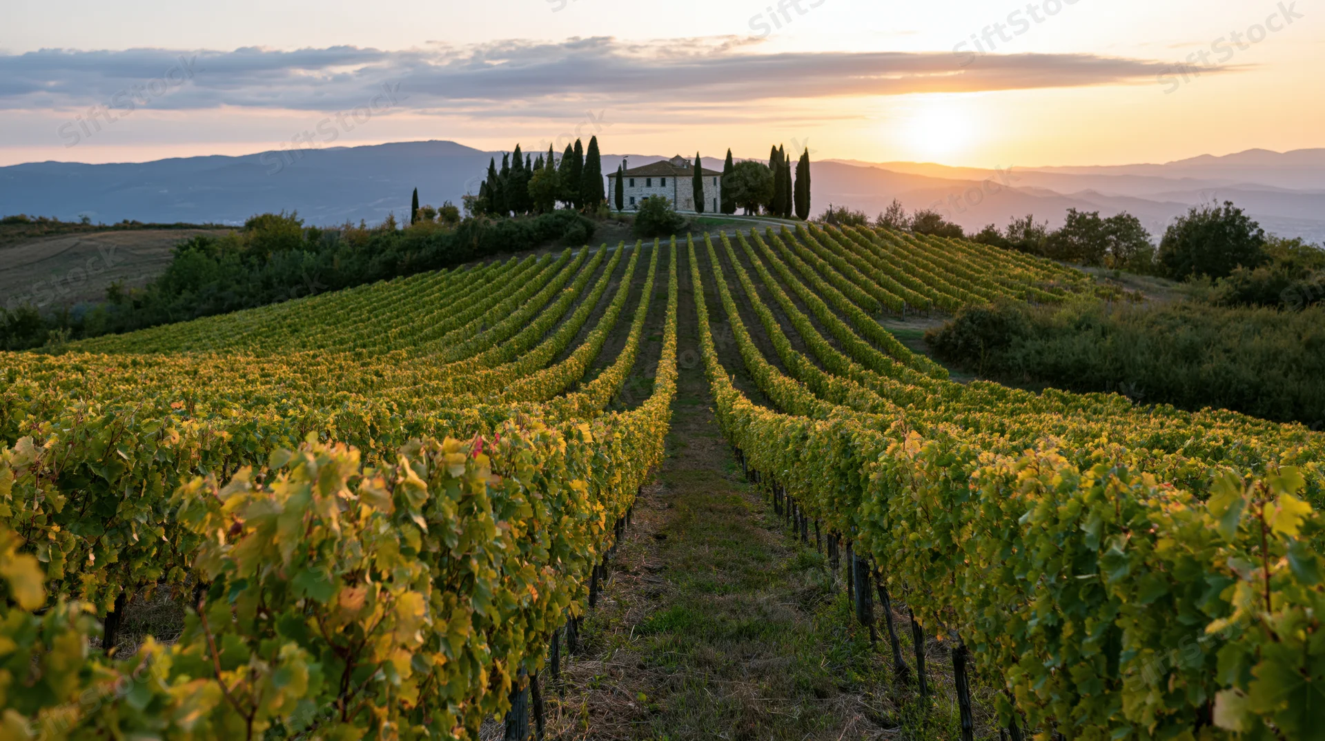 Rows of grapevines stretching toward a farmhouse on a hill at sunset