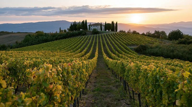 Rows of grapevines stretching toward a farmhouse on a hill at sunset