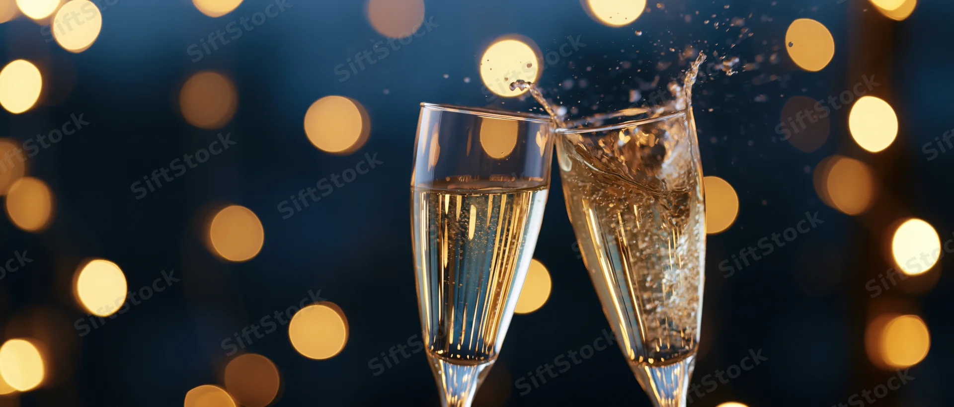 Two champagne glasses clinking with splashing liquid against a dark background with warm bokeh lights