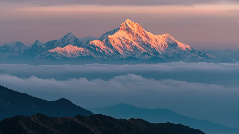 Snow-capped mountain peak glowing at sunrise above a sea of clouds in a mountain valley
