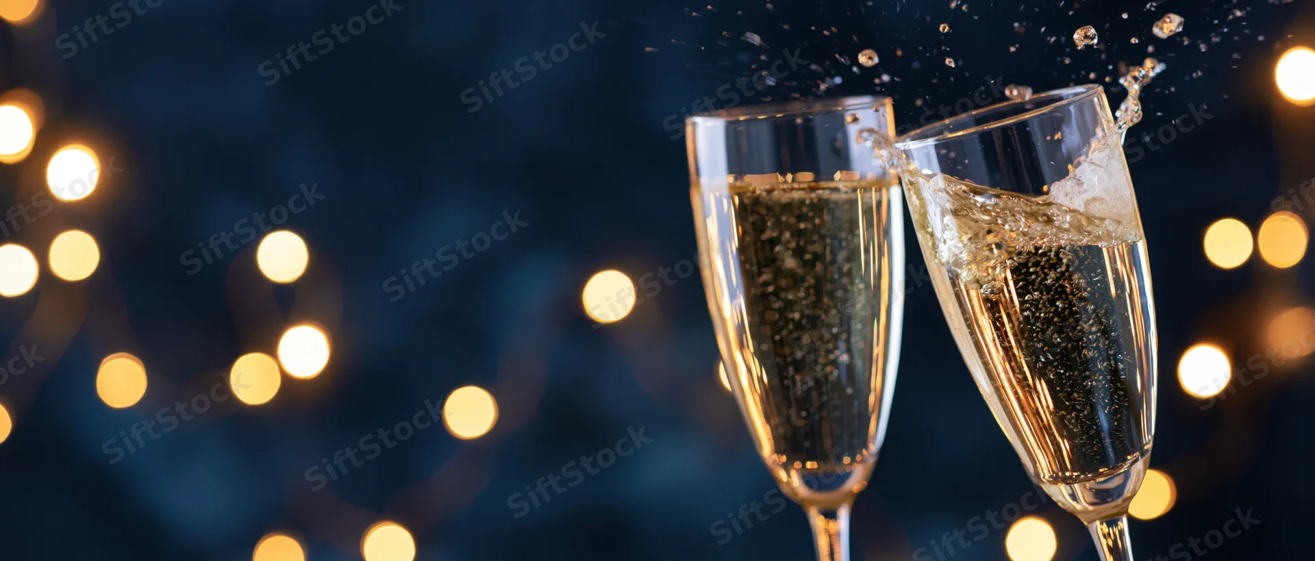 Two champagne glasses clinking with bubbles splashing against a dark background with warm bokeh lights