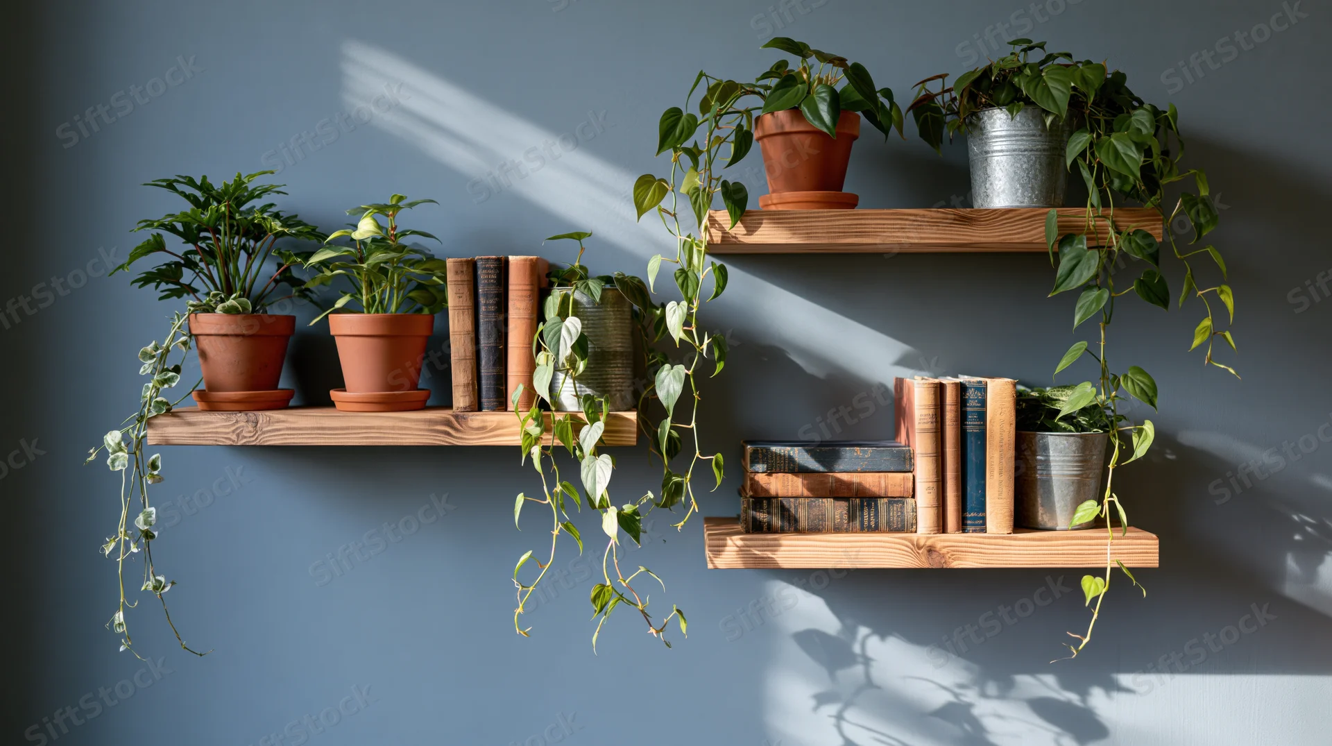 Wooden shelves holding potted plants and books against a blue wall