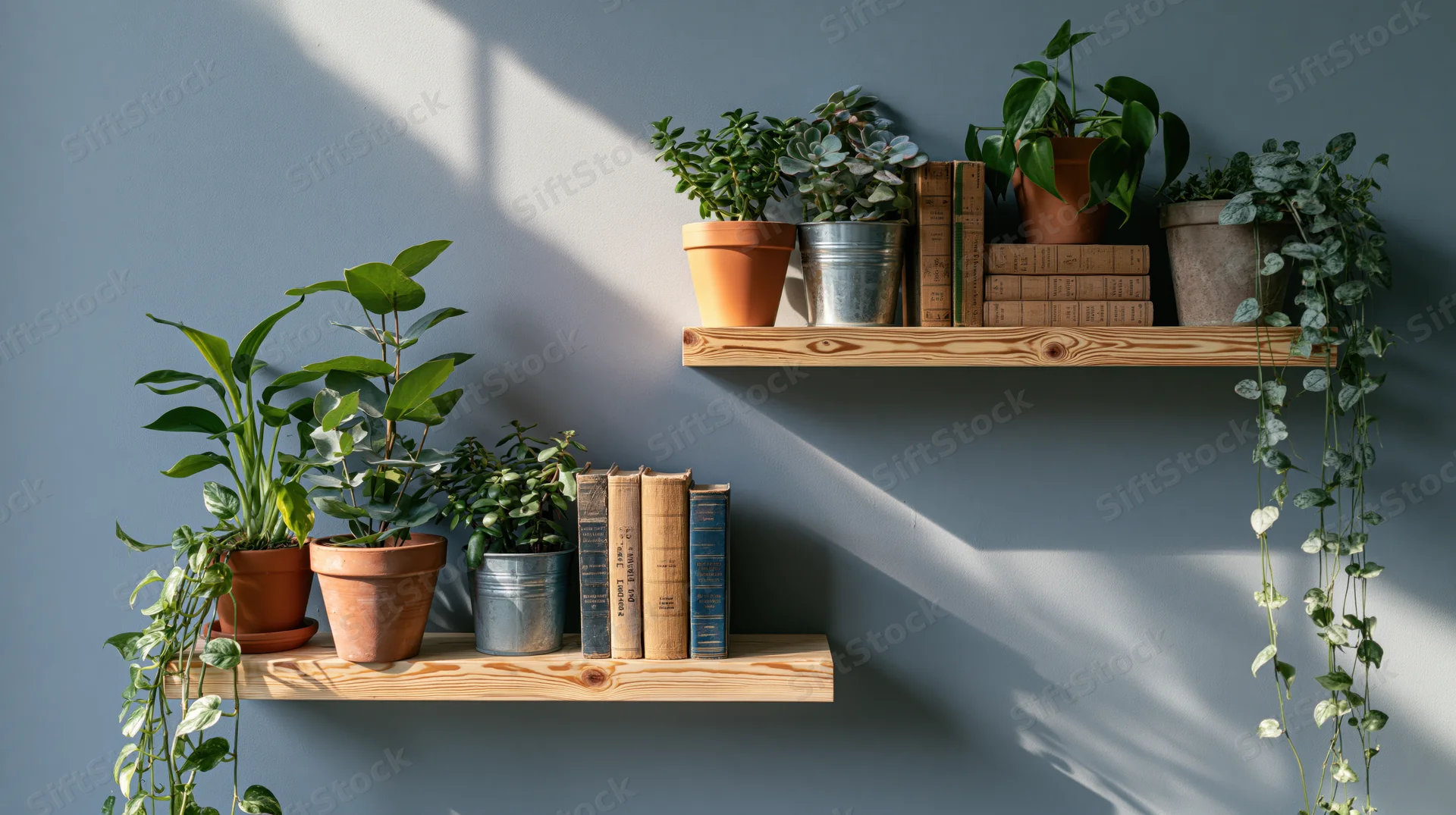 Wooden shelves holding potted plants and books against a blue wall with sunlight casting shadows