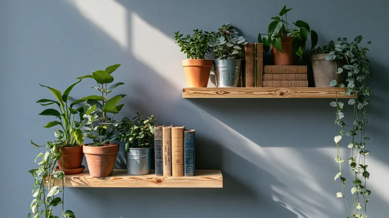 Wooden shelves holding potted plants and books against a blue wall with sunlight casting shadows