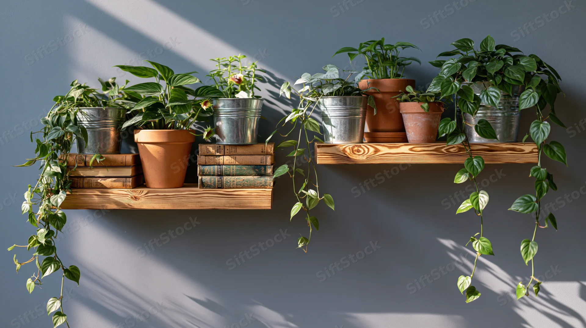 Potted plants arranged on wooden shelves with trailing vines and stacked books against a gray wall