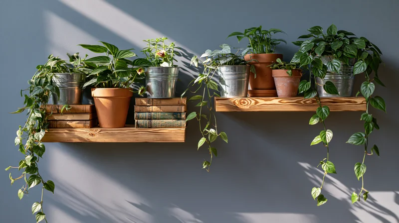 Potted plants arranged on wooden shelves with trailing vines and stacked books against a gray wall