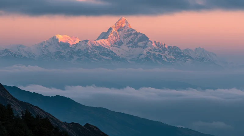 Snow-covered mountain peak rising above a sea of clouds at sunrise