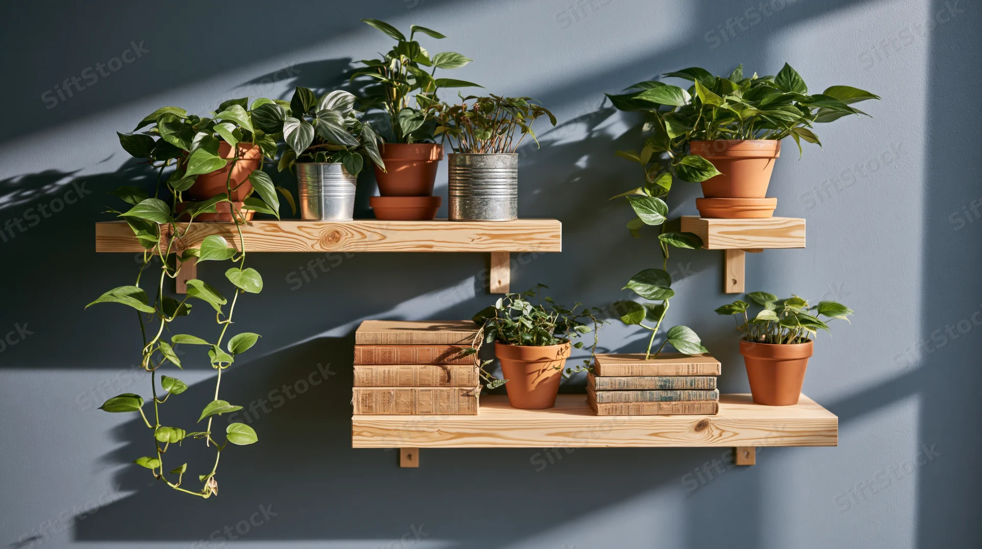 Houseplants and vintage books arranged on wooden shelves against a gray wall