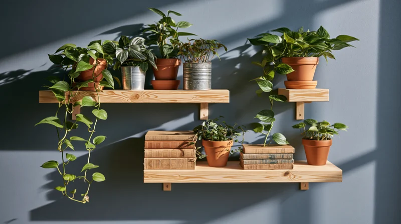 Houseplants and vintage books arranged on wooden shelves against a gray wall