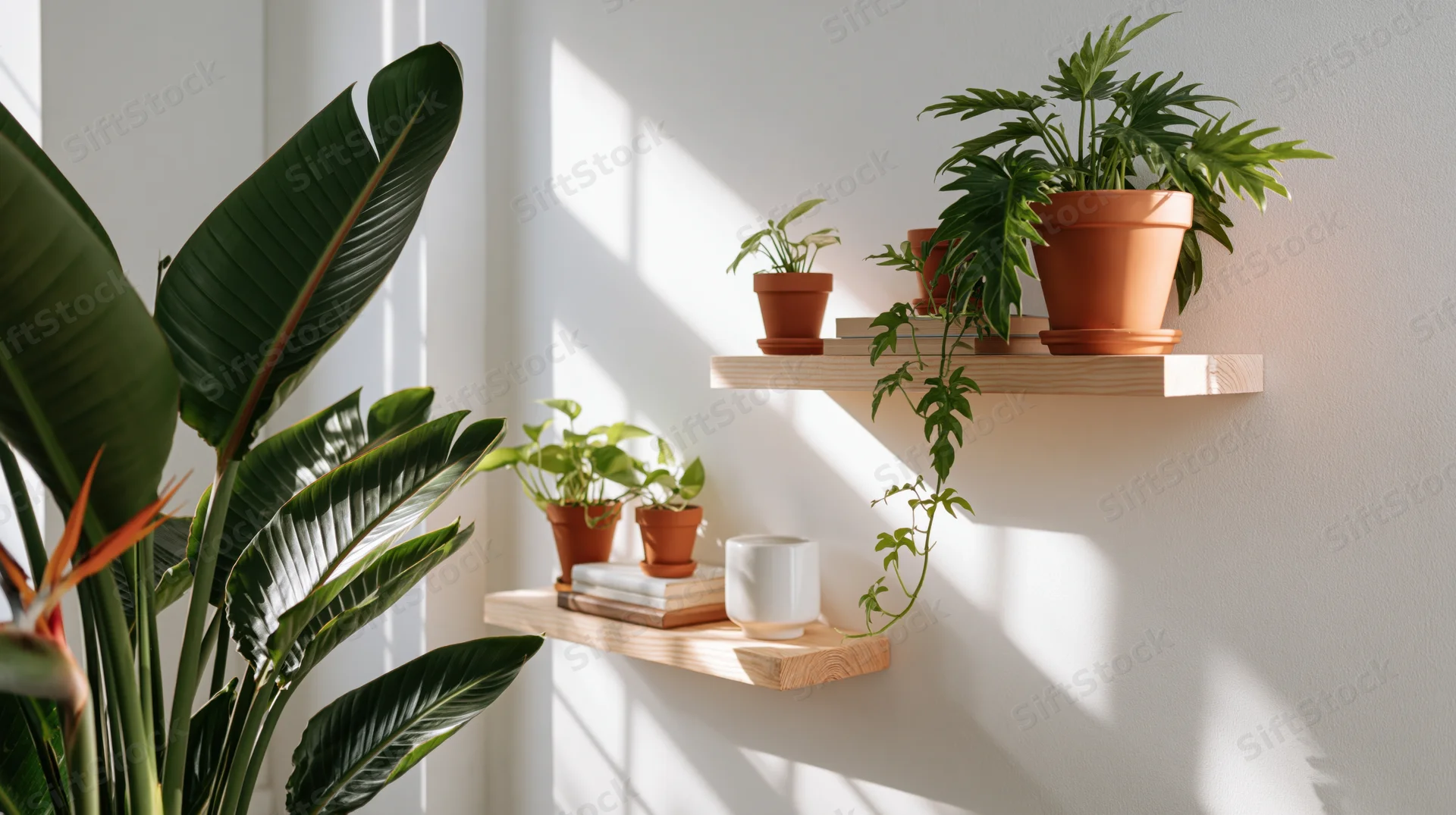 Potted plants arranged on wooden shelves in a sunlit living room interior