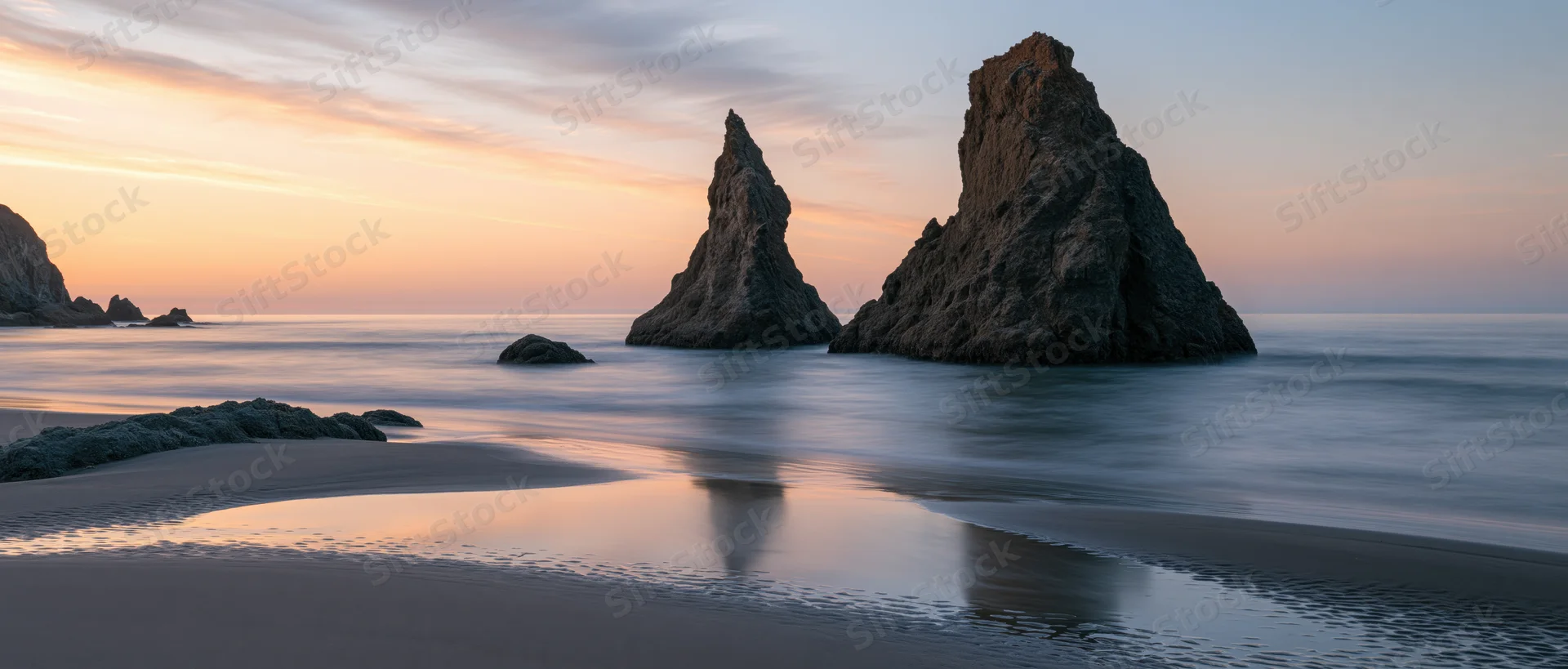 Rocky sea stacks rising from calm ocean at sunset on sandy beach