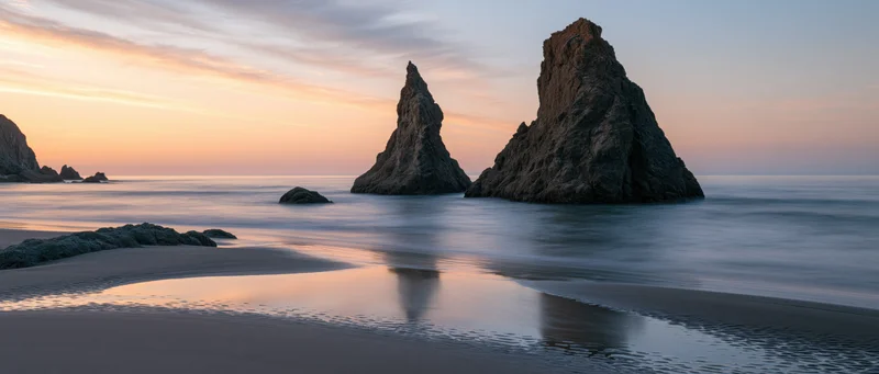 Rocky sea stacks rising from calm ocean at sunset on sandy beach