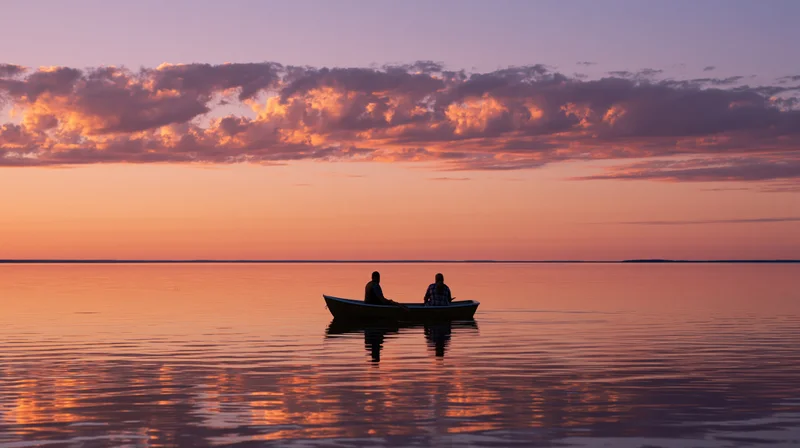 Couple in a small boat on calm lake at sunset with colorful sky reflection