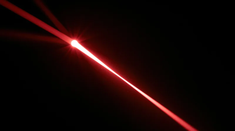 Red laser beam emitting from a source in a dark environment