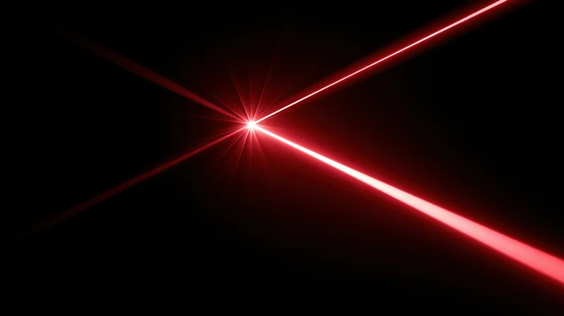 Red laser beams intersecting in dark space with bright starburst glow