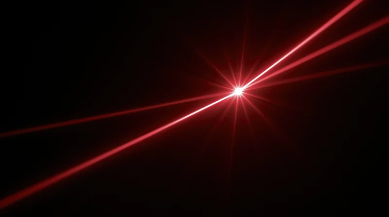 Red laser beams radiating from a central bright point in darkness