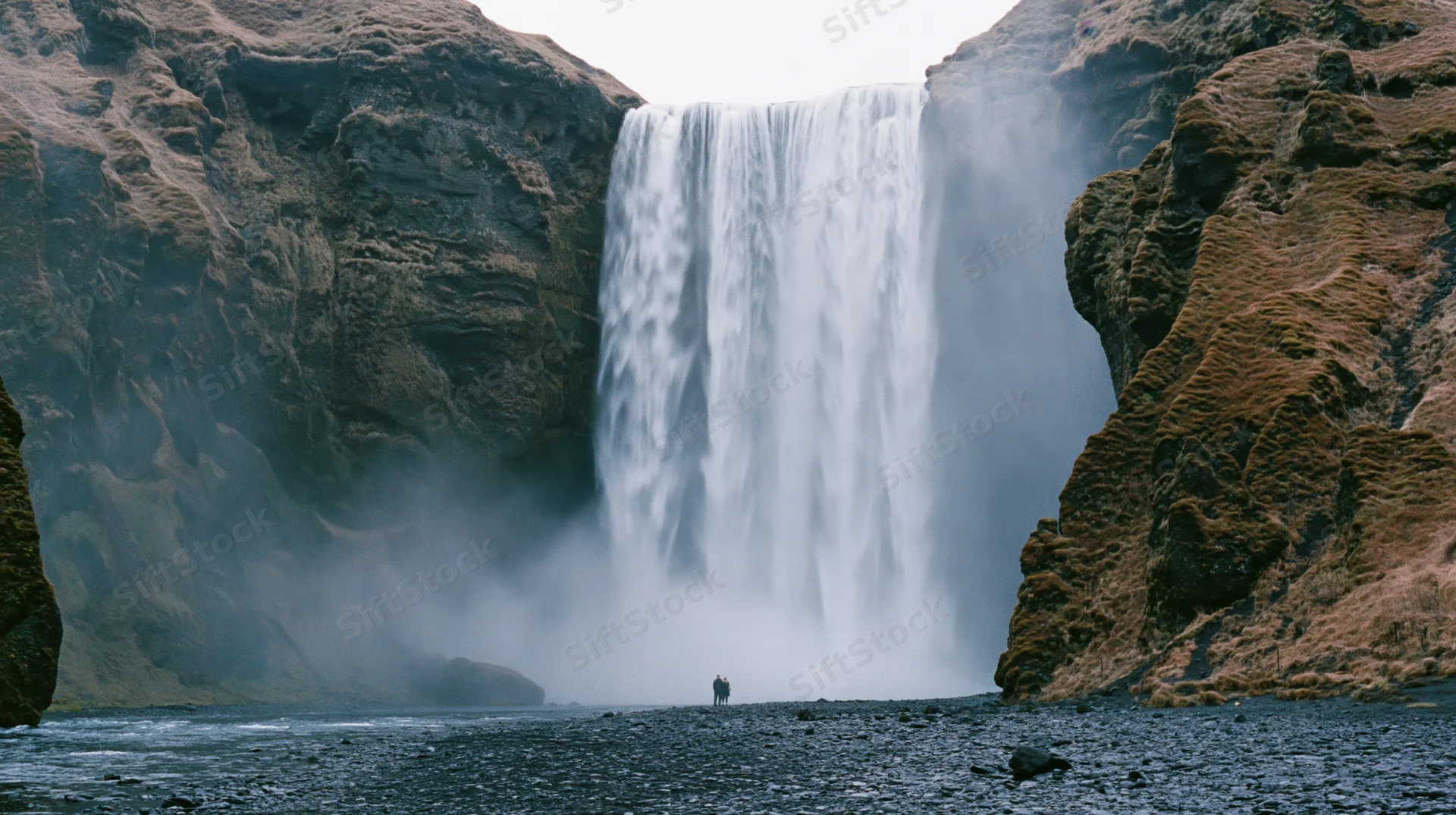 A lone person standing before a massive waterfall cascading between rocky cliffs in a misty natural landscape