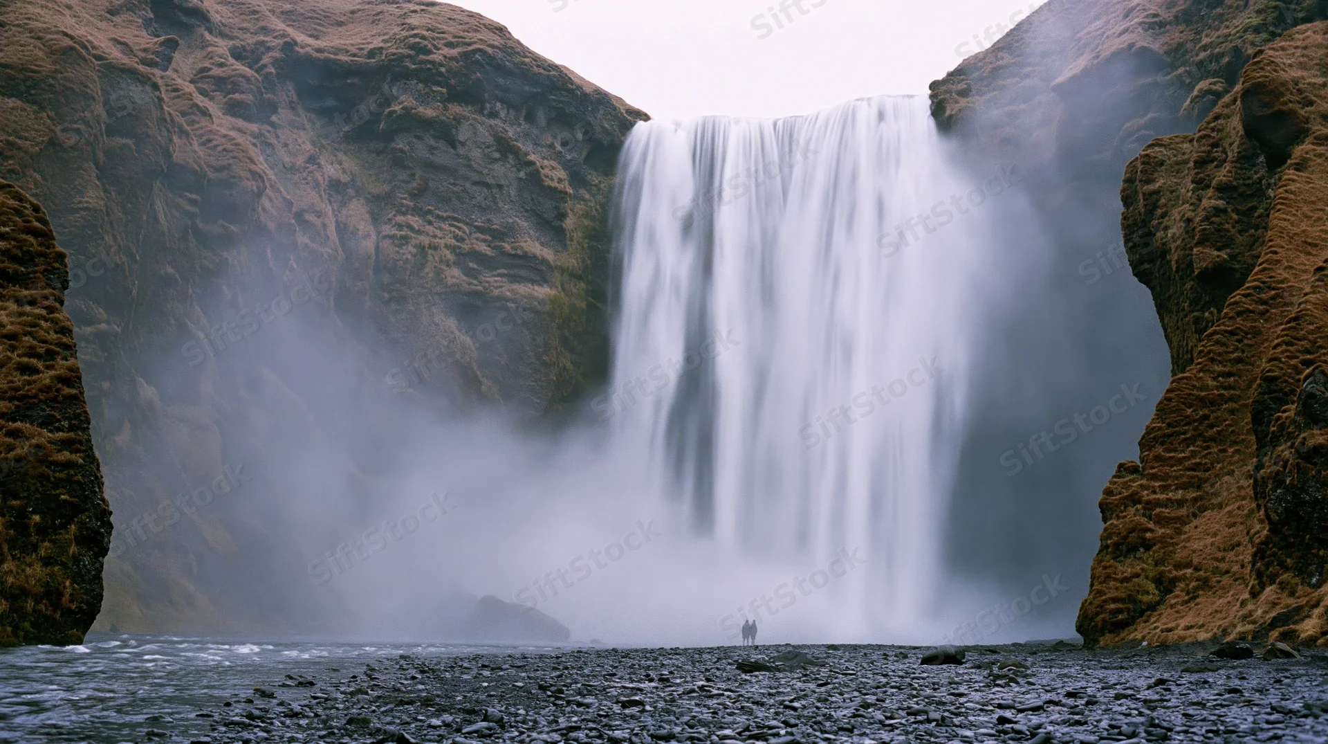 Waterfall cascading between rocky cliffs with mist rising over river, two people standing at base