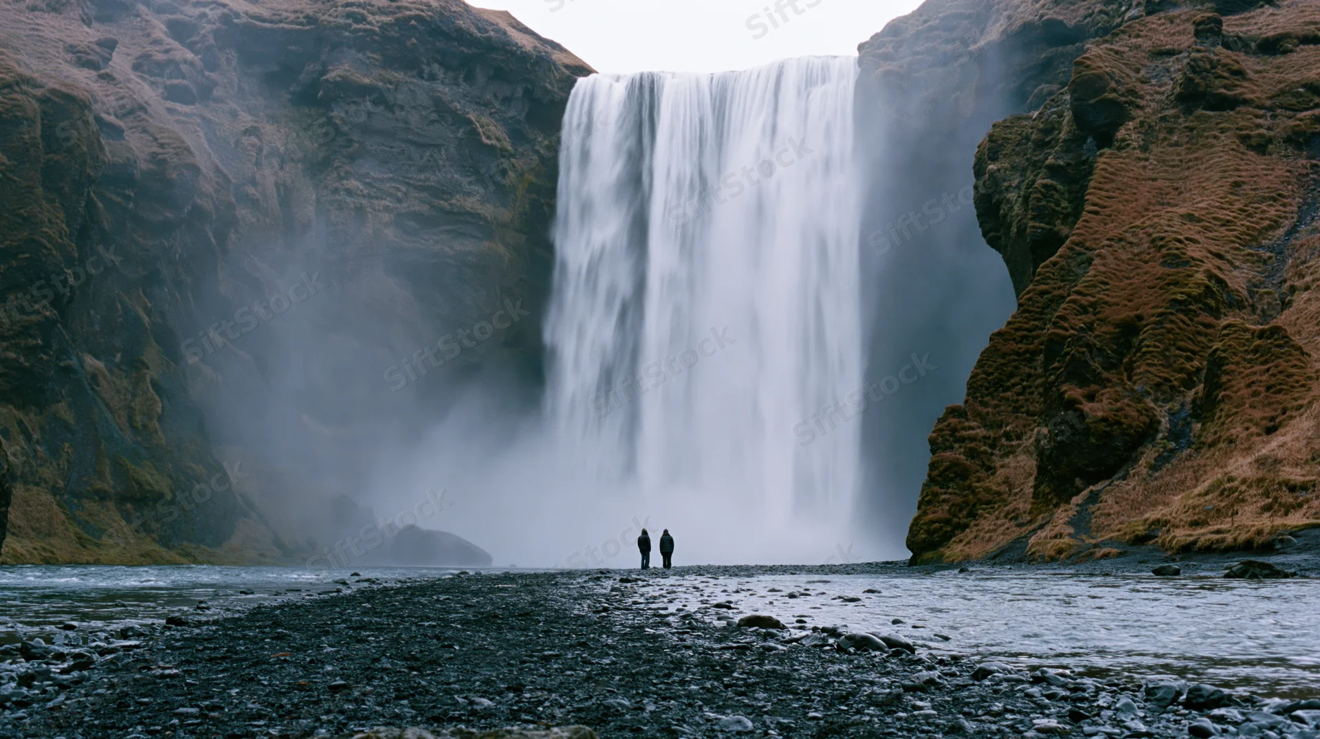 Two people standing before a large waterfall in Iceland, surrounded by mist and rocky cliffs, on a black sand riverbank
