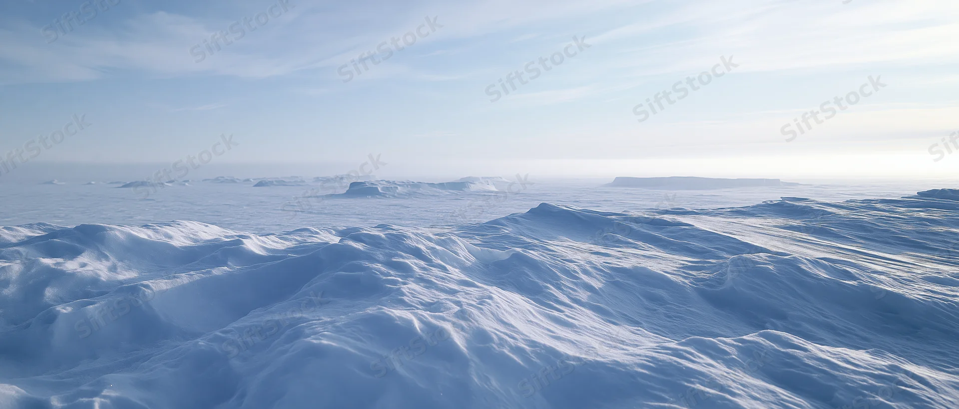 Snow-covered arctic landscape stretching to the horizon under a pale blue sky