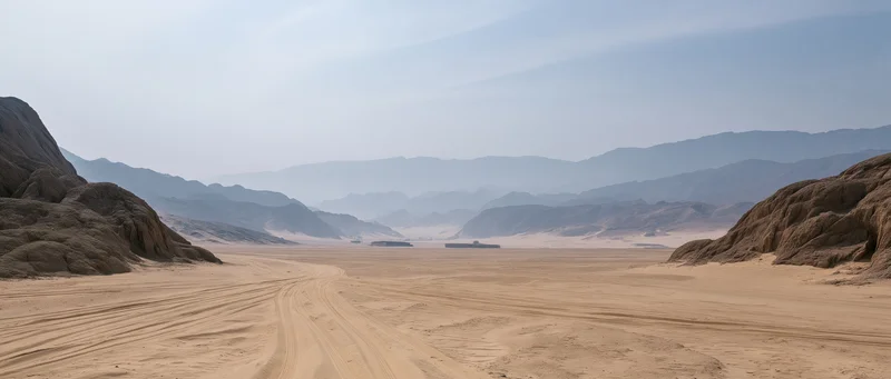 Desert landscape with tire tracks across sandy valley flanked by rocky mountains under hazy sky