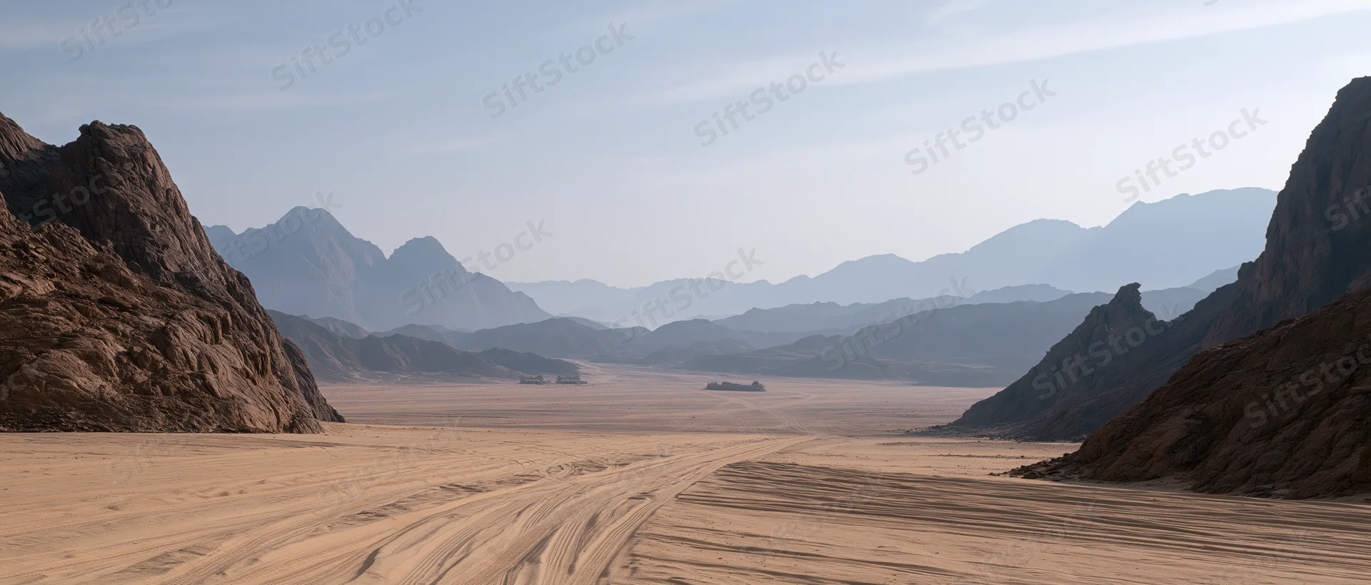 Desert valley with rocky mountains and sand dunes under a hazy blue sky