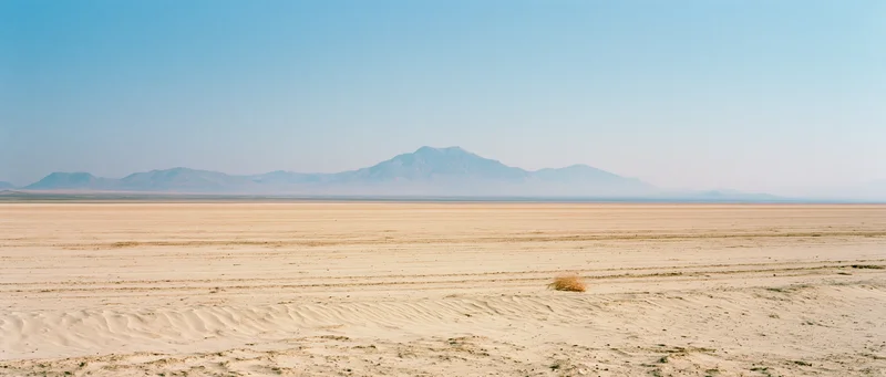 Vast desert landscape with distant mountains under clear blue sky