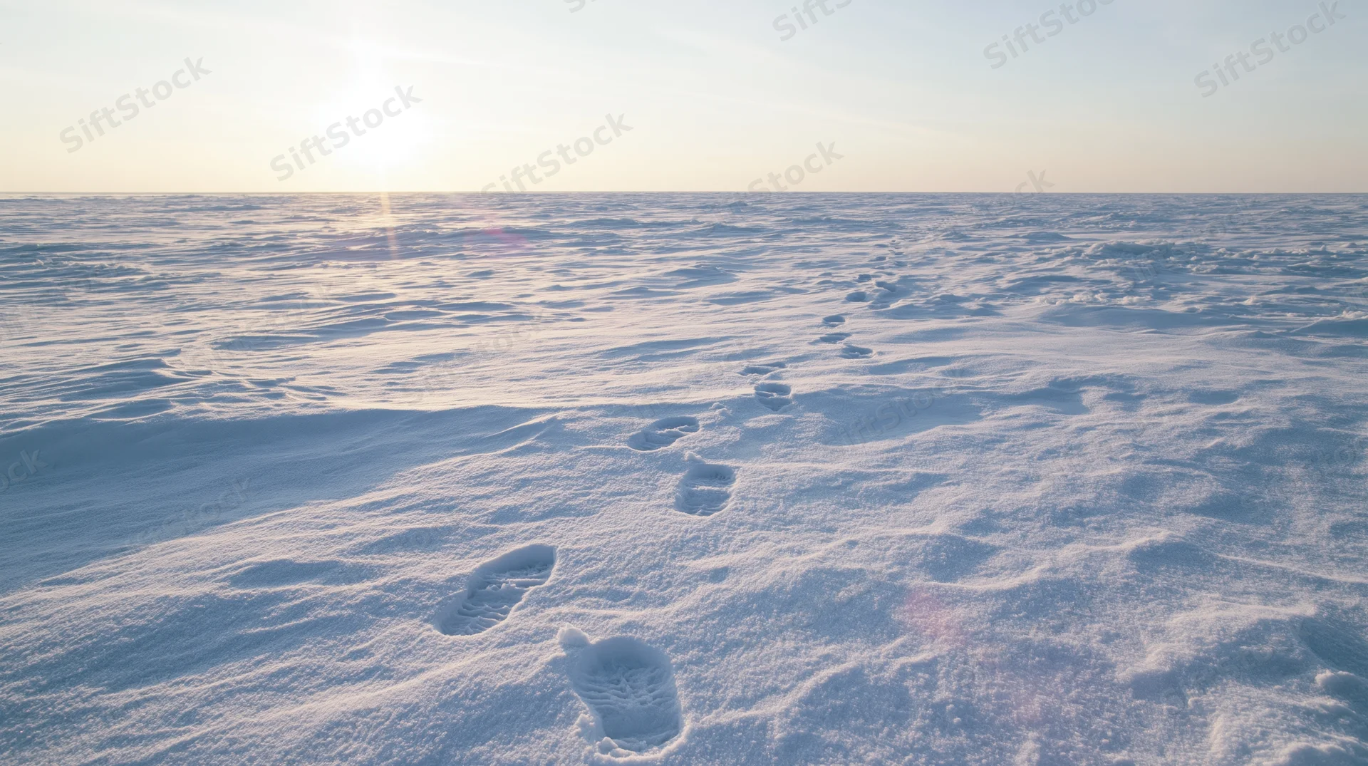 Footprints in snow leading toward the horizon at sunrise