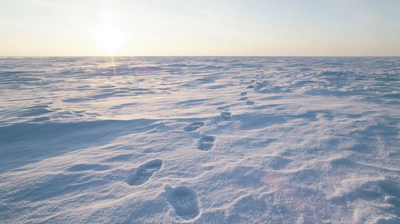 Footprints in snow leading toward the horizon at sunrise