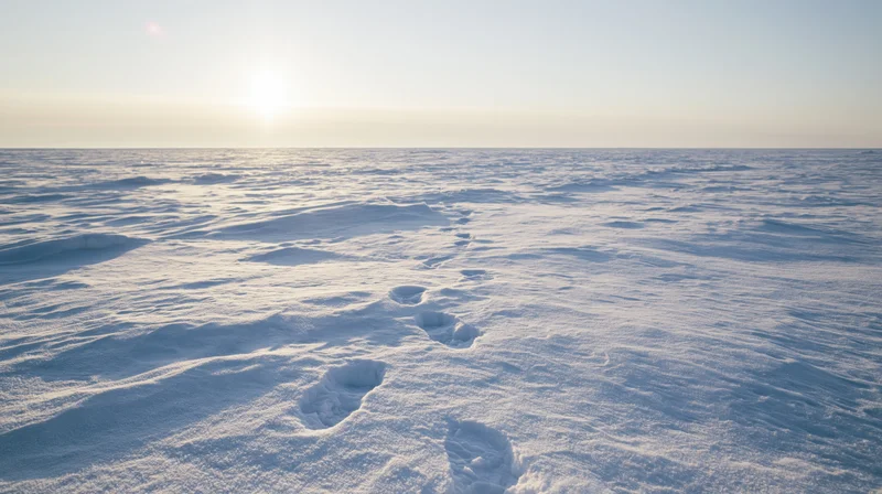 Footprints in snow leading across a frozen arctic landscape at sunrise