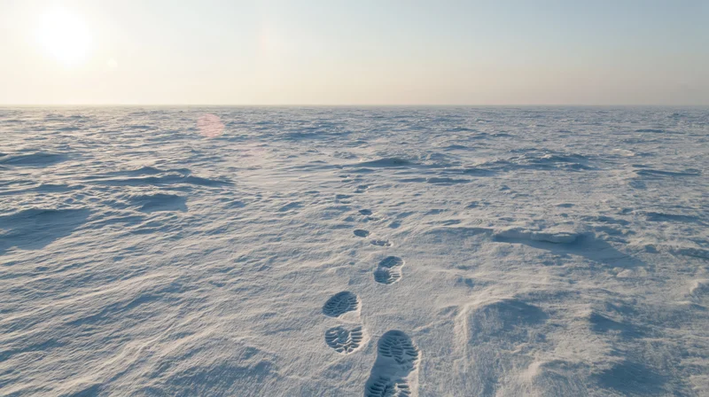 Footprints in snow leading across a vast frozen landscape under a clear sky