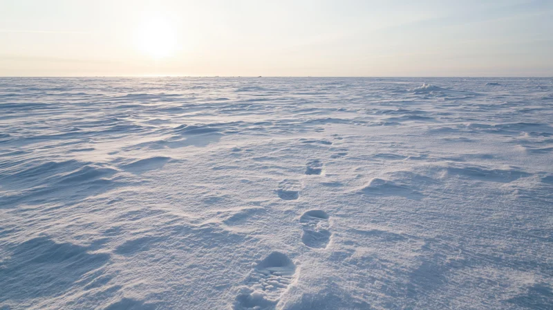 Footprints in snow leading across a vast frozen landscape under a bright sun