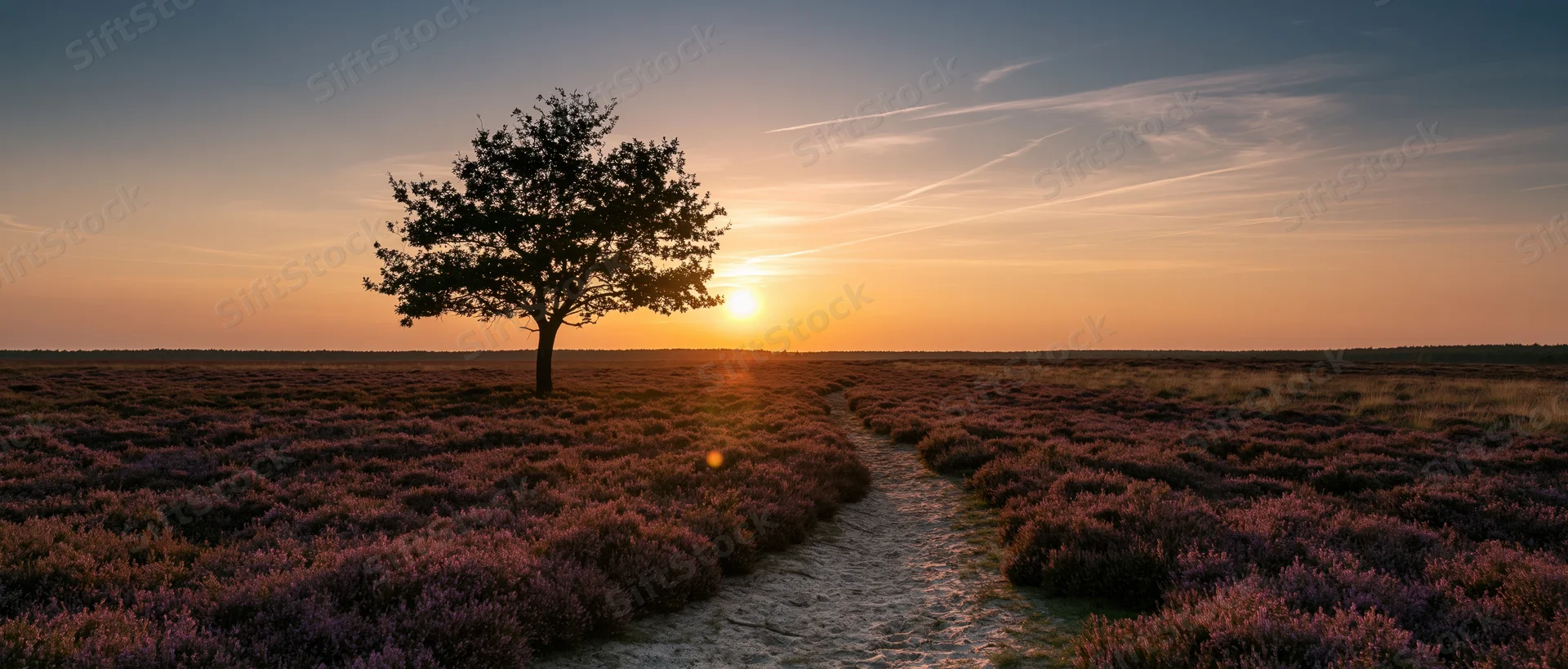 Lone tree silhouetted at sunset along a winding path through blooming heather field